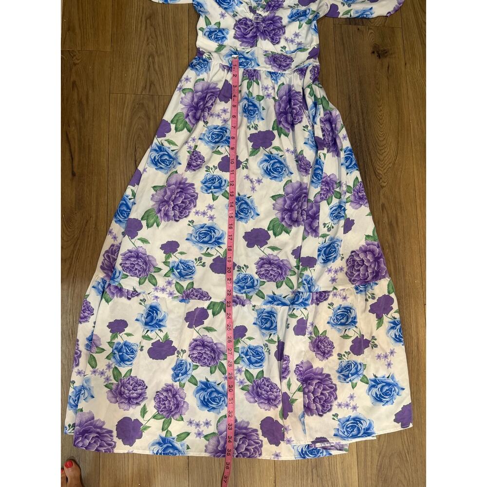 Y&M Floral Maxi Dress Womens S/M Blue Purple Roses Smocked Keyhole Puff Sleeve - Picture 7 of 8